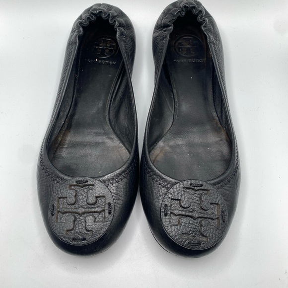 Tory Burch Minnie Travel Ballet Logo Black Leather Ballet Flat EUC 7-SOLD - Picture 1 of 9